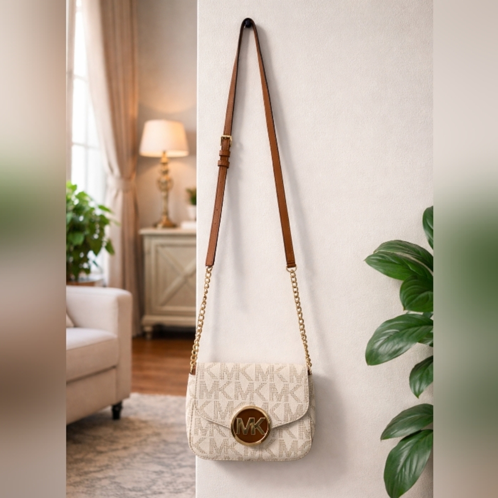 Michael Kors Cream MK Monogram Crossbody Bag Gold Chain Strap